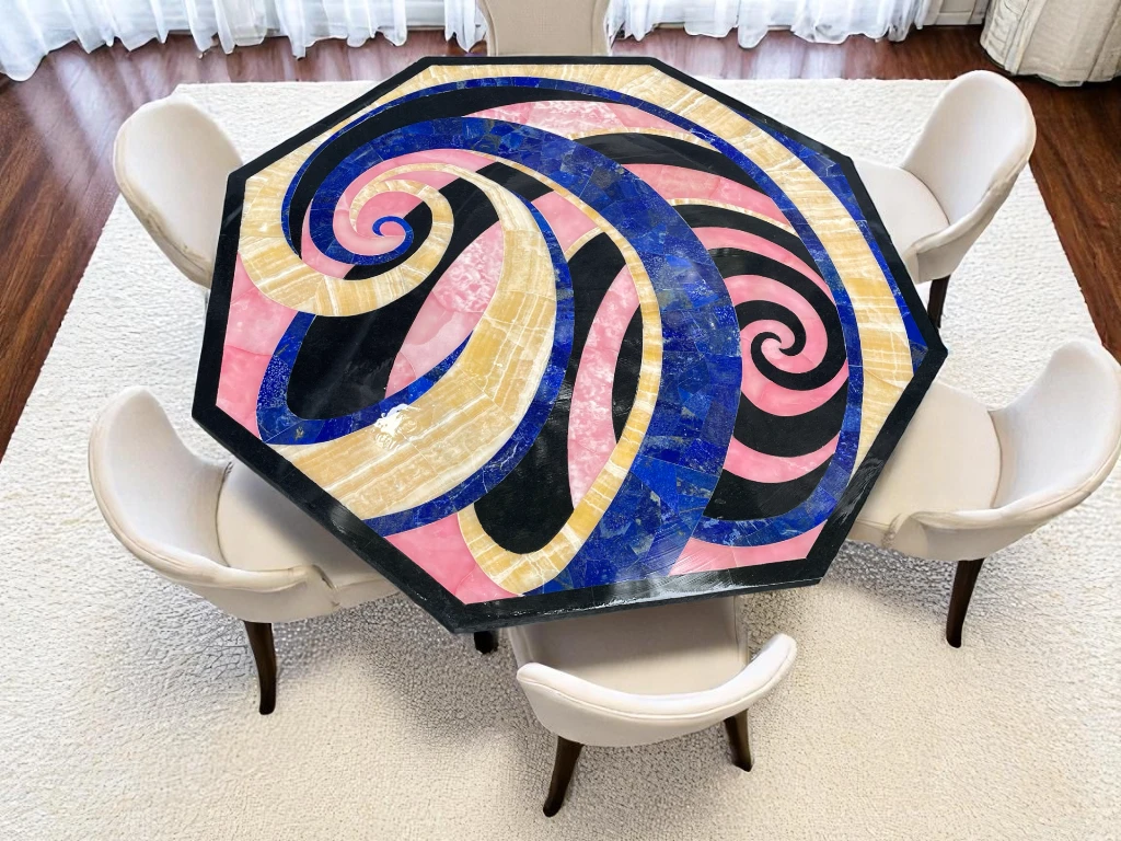 Sophisticated Marble Patio Corner Table with Multi-Gemstone Accents